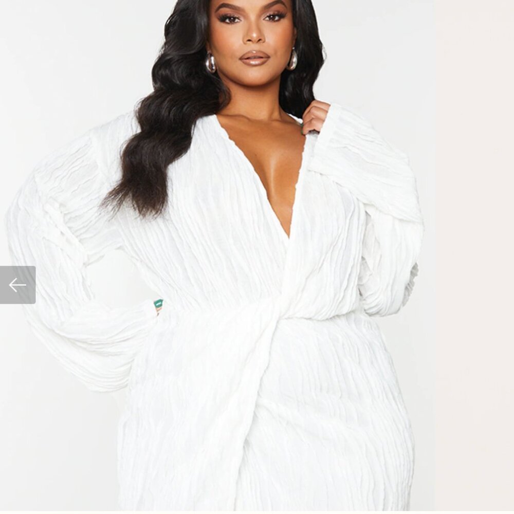 Plus White Textured Wrap Front Dress